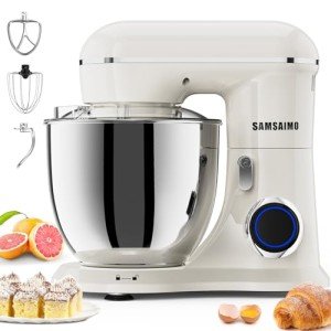 SAMSAIMO 3-IN-1 Electric Stand Mixer, 660W 10-Speed With Pulse Button, Attachments include 6.5QT Bowl, Dough Hook, Beater, Whisk for Most Home Cooks, Almond Cream