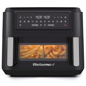 Elite Gourmet EAF1055D Dual Zone Air Fryer Oven, 11QT. Capacity with Divider 2 Independent Cook Zones, Dishwasher Safe Basket, 10 Preset Functions, 1600-Watts, with Recipe Booklet, Black