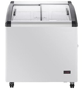 Duura Commercial Mobile Ice Cream Display Chest Freezer Sub Zero Temp Curved Glass Top Frost Free Lid with 3 Wire Baskets, 31.5 Inch Wide 4.87 Cubic Feet, White