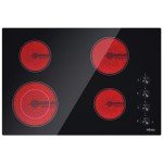 Electric Cooktop 30 inch Ceramic Stove 4 Burners Built-in Electric Stove Top 11 Power Levels/Control by Knob/220-240V 6700W Stove Top Burners Satin Glass Cooktop