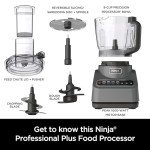 Ninja Food Processor, Professional Plus, 1000 Peak Watts, 4 Functions for Chopping, Slicing, Purees & Dough with 9-Cup Processor Bowl, 3 Blades, Food Chute & Pusher, Silver, BN601