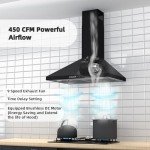FIREGAS Black Range Hood 30 inch, Convertible Wall Mount Range Hood with Brushless Motor, 450 CFM, 9 Speed Fan, Soft Touch Controls, Permanent Filters, LED Lights, Charcoal Filter included