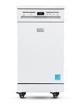 BLACK+DECKER 18” Portable Dishwasher, Compact Dish Washer with 8-Place Setting Capacity, Stainless Steel Tub, 6 Wash Programs, Worktop Space, Mobile Dishwasher with Casters, Faucet Connect, White
