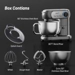 GEFT Stand Mixer, 3.5QT+6QT Two Bowls Kitchen Electric Mixer, 600W 6+P speed Tilt-Head Food Mixer with Stainless Steel Bowl, Dishwasher-Safe Dough Hook, Flat Beater, Wire Whisk, Splash Guard, Grey