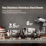 GEFT Stand Mixer, 3.5QT+6QT Two Bowls Kitchen Electric Mixer, 600W 6+P speed Tilt-Head Food Mixer with Stainless Steel Bowl, Dishwasher-Safe Dough Hook, Flat Beater, Wire Whisk, Splash Guard, Grey