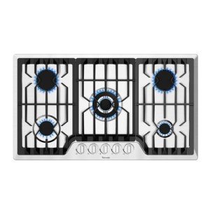 TOPWISH 36" Built-in Gas Cooktop, 5 ITALY SABAF Sealed Burners Gas Rangetop 41,800BTU, NG/LPG Convertible, Stainless Steel Burner Gas Stovetop with Thermocouple Protection,120V AC. (36 inch)