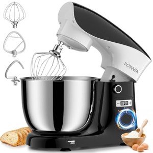 Stand Mixer, POWWA 6.5 QT 10 Speeds Tilt-Head Electric Stand Mixer, 3-In-1 Kitchen Mixer with Bowl, Dough Hook, Whisk and Beater, Food Mixer for Baking and Daily Use (Black White)