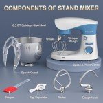 Stand Mixer, POWWA 6.5 QT 10 Speeds Tilt-Head Electric Stand Mixer, 3-In-1 Kitchen Mixer with Bowl, Dough Hook, Whisk and Beater, Food Mixer for Baking and Daily Use (White Blue)