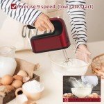 Yomelo 9-Speed Digital Hand Mixer Electric, 400W DC Motor, Hand Mixer electric Handheld with Snap-On Storage Case, Touch Button, Turbo Boost, 5x Stainless Steel Accessories (Red)