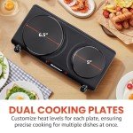Elite Gourmet EDB-302BF# Countertop Double Cast Iron Burner, 1500 Watts Electric Hot Plate, Temperature Controls, Power Indicator Lights, Easy to Clean, Black