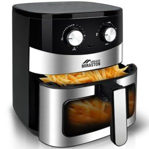 MIRASTON 6.5QT Air Fryer, Clear Window, Square Basket for Family Meals, Adjust Time & Temp by Dials, Auto Shut-Off, Dishwasher-Safe, Sleek Stainless Steel Design for Kitchen Dorm Office Apartment
