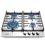 Weceleh 24 inch Gas Cooktop Stove Top 4 Burners Bulit-in Gas Stove 27400BTU with Thermocouple Protection,Easy Knob Control,NG/LPG Convertible Stainless Steel Easy Clean for Kitchen