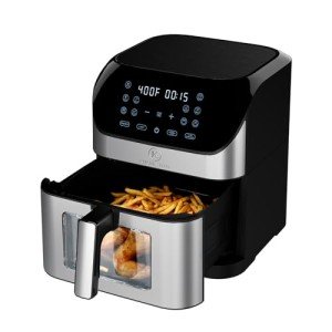 Kitchen Elite®Air Fryer with 360° turbo airflow technology, 8 Preset Functions, 8 Qt Family Size with Probe Thermometer ,Nonstick Square Air Fryer Basket with Window, Auto Shut Off Feature, Black