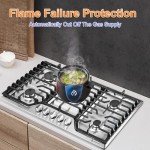 AMZCHEF 30 inch Gas Cooktop with 5 Made in Italy SABAF Power Burners,Max 48300 BTU/hr Built-in Gas Stove top of 304 Stainless steel with Double Sided griddle,NG/LPG Convertible,ETL.