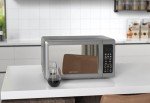 Emerson MW7601SL Compact Countertop Microwave Oven with Sleek Mirrored Finish Door 10 Power Levels, 6 Auto Menus, Glass Turntable and Child Safe Lock, 0.7 Cu. Ft, Silver