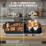 AMZCHEF Double Induction Cooktop with Removable Griddle Pan Non-stick, 1800W 2 burner Portable Induction Stove With Sensor Touch 9 Power Levels, 99 Min Timer, Iron Grey