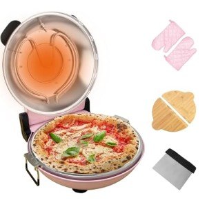 YIBAKE Stone Pizza Oven, 12'' Indoor Electric Pizza Maker, 1200W Countertop Pizza Maker Machine with Dual Temp Control, Crispy Crust Pizzas in Minutes, Pink