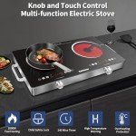 Karinear 2 Burner Electric Cooktop 110V, Portable Electric Stove with Handle, Knob Control Electri Hot Plate, Ceramic Countertop Burner, Timer, Safety Lock, 9 Power Level, 2000W, 24 inch(White)