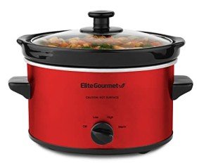 Elite Gourmet MST-275XR# Electric Oval Slow Cooker, Adjustable Temp, Entrees, Sauces, Stews & Dips, Dishwasher Safe Glass Lid & Crock (2 Quart, Metallic Red)