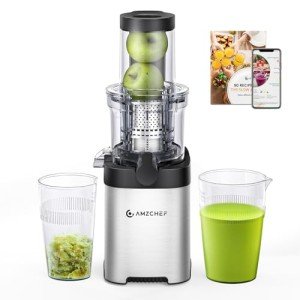 AMZCHEF Cold Press Juicer, Juicer Machines - 3.1" Large Feed Chute for Whole Fruits & Vegetables, Stainless Steel Slow Masticating Juicer Easy to Clean, Large Auger, Double Strainers, Silver