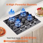 Gas Stove Top 24 Inch, Amzgachfktch Built-in Gas Cooktop 4 Burner, Black Tempered Glass Gas Range with NG/LPG Conversion Kit, Kitchen Propane Cooktop with Thermocouple Protection