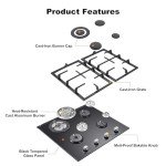 Gas Stove Top 24 Inch, Amzgachfktch Built-in Gas Cooktop 4 Burner, Black Tempered Glass Gas Range with NG/LPG Conversion Kit, Kitchen Propane Cooktop with Thermocouple Protection