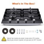 Gas Stove Top 24 Inch, Amzgachfktch Built-in Gas Cooktop 4 Burner, Black Tempered Glass Gas Range with NG/LPG Conversion Kit, Kitchen Propane Cooktop with Thermocouple Protection