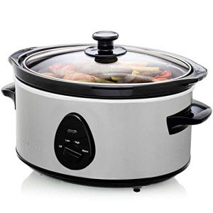 OVENTE Electric Slow Cooker with 3 Cooking Settings, Non-Stick and Dishwasher Safe Stoneware, Stainless Steel Body, Glass Lid, 3.7 Qt Oval Pot for Entrees, Soups, Sauces, Stews & Dips, Silver SLO35ABR