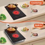 Traenvir 2 Burner Electric Cooktop, 12 Inch Built-in & Countertop Electric Stovetop, Ceramic Cooktop with Touch Control, Child Safety Lock, Timer, Pause Function, 9 Power Levels, 110V - 120V Plug in