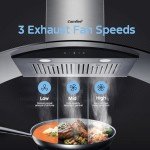 COMFEE' Curved Glass Range Hood 36 Inch 450 CFM 3 Speed Gesture Sensing &Touch Control Panel Stainless Steel Kitchen Ductless/Ducted Convertible with Baffle Filters and 2 LED Lights (CVG36W9AST)