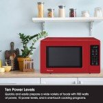 Magic Chef 0.9 Cubic Feet 900 Watt Small Stainless Countertop Microwave Oven for Compact Spaces w/ 6 Pre Programmed Cooking Modes, Red