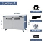 ICECASA 48" W Commercial Freezer Worktop Undercounter Freezer Single Door Stainless Steel Counter Fan Cooling 13 Cu.ft for Restaurant, Bar, Shop, etc