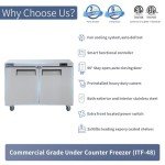 ICECASA 48" W Commercial Freezer Worktop Undercounter Freezer Single Door Stainless Steel Counter Fan Cooling 13 Cu.ft for Restaurant, Bar, Shop, etc