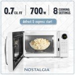 Nostalgia Retro Microwave Oven 0.7 Cu Ft, 700-Watt Countertop Size with Glass Turntable, Child Safety Lock, 8 Auto-Cook Programs, Digital Clock, White