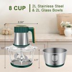 G4S3 Food Processor, 5-Speed Electric Food Chopper, Meat Grinder with 2 Bowls (8 Cup+8 Cup) & 2 Sets of Blades, Meat Processor for Meat, Vegetables, Fruits and Nuts (Green)