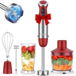 KOIOS 5-in-1 Hand Immersion Blender, 1000W 12 Speed Handheld Blender Stick with Copper Motor Stainless Steel Blade, 600ml Mixing Beaker,500ml Food Processor, Whisk, Milk Frother, Non-BPA, Red