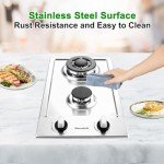 Gas Cooktop 2 Burners Built-in Gas Stove Top,LPG/NG Dual Fuel Continuous Grates,Auto Ignition,Thermocouple Protection,Stainless Steel,Heavy Duty Cast Iron 120V (12 inch)