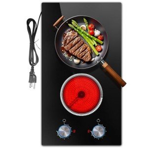 2 Burner Electric Cooktop, 12 Inch Electric Stove Top, 120V Stove Top Burner Knob Control, 2000W Countertop Stove with Timer, 9 Heating Levels, Overheat Protection, High-Temp Alarm Pladeca