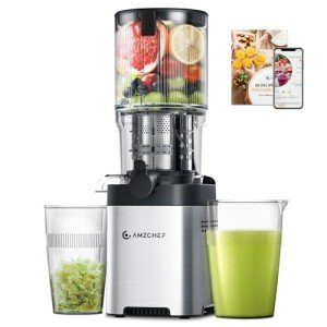 AMZCHEF Cold Press Juicer, Juicers Machines - 5.4" Large Feed Chute for Whole Fruits & Vegetables, Stainless Steel Slow Masticating Juice Easy to Clean, Large Auger, Triple Strainers, Silver