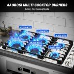 AAOBOSI 36 inch Gas Cooktop, Gas Stovetop with 72,000 BTUs 6 Burners Propane Cooktop, NG/LPG Convertible, Cast Iron Grates Stainless Steel, Ideal Gas Stoves for RV, Kitchen, Home