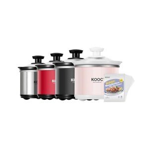 KOOC Small Slow Cooker, 0.65 Quart, Free Liners Included, Upgraded Ceramic Pot, Nutrient Loss Reduction, Sauces, Stews & Dips, Stainless Steel, Pink, Round