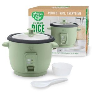GreenLife Electric Rice Cooker, 3-Cups Uncooked/6-Cups Cooked, Removable PFAS-Free Nonstick Pot, One-Switch Design, Auto Keep Warm, Small Space Saving, Rice Paddle, Soup, Grains, Oatmeal, 1.5 QT, Green
