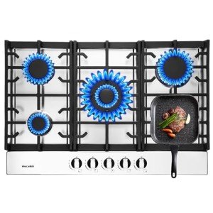 Gas Cooktop Stove 30 Inch Built-in Gas Stove Top with 5 Burners 33200 BTU,LPG/NG Dual Fuel,Auto Ignition,Thermocouple Protection,Stainless Steel,Heavy Duty Cast Iron Grates for Kitchen