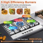 Gas Cooktop Stove 30 Inch Built-in Gas Stove Top with 5 Burners 33200 BTU,LPG/NG Dual Fuel,Auto Ignition,Thermocouple Protection,Stainless Steel,Heavy Duty Cast Iron Grates for Kitchen