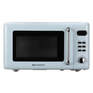 Emerson MWR7020BL Retro Compact Countertop Microwave Oven with Button Control, LED Display, 700W 5 Power Levels, 8 Auto Menus, Glass Turntable and Child Safe Lock, 0.7, Thunderbird Blue