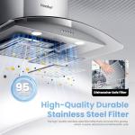 COMFEE' CVG30W8AST 30 Inches Ducted Wall Mount Vent Range Hood with 450 CFM 3 Speed Exhaust Fan, Baffle Filters, Curved Glass, 2 LED Lights, Convertible to Ductless, Stainless Steel