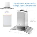 COMFEE' CVG30W8AST 30 Inches Ducted Wall Mount Vent Range Hood with 450 CFM 3 Speed Exhaust Fan, Baffle Filters, Curved Glass, 2 LED Lights, Convertible to Ductless, Stainless Steel