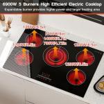 Karinear Electric Cooktop 30 Inch, 5 Burners Electric Stove Top, Built-in Ceramic Cooktop, 9 Heating Level, Pause, Timer, Child Safety Lock, Triple Ring Expandable Burners, 220V Hardwire