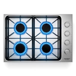COSTWAY 30-inch Gas Cooktop, Stainless Steel Gas Stove Top with 4 Burners, ABS Knobs and Cast Iron Grates, NG/LP G Convertible Gas Range Top with Sealed Burners for Kitchen, Easy to Clean, Silver