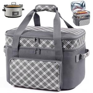 Double Layer Slow Cooker Carrier Bag – Fits 6–8 Qt Oval Slow Cooker Compatible with CrockPot & Hamilton Beach | Insulated Travel Tote with Utensil Storage & Adjustable Straps